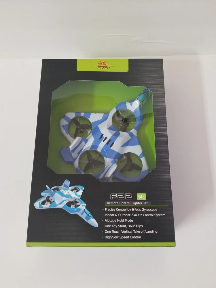 Blue 6-axis RC fighter jet airplane in retail box with remote-control features