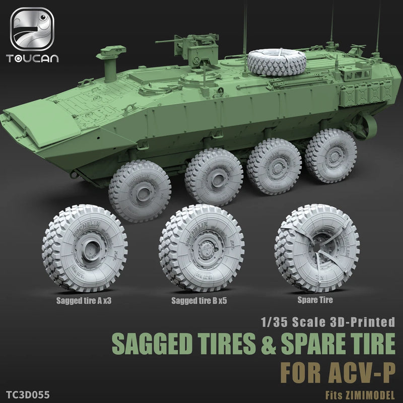 1/35 3D-printed sagged tires set with spare tire, four-wheel tread details in gray