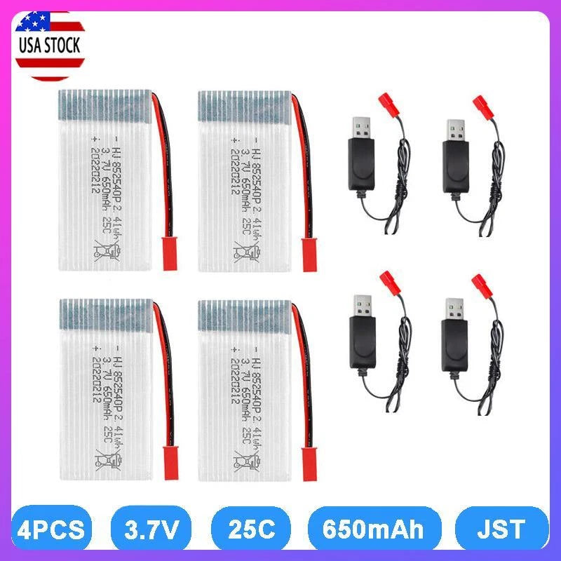 4Pcs 3.7V 650mAh 25C Lipo Battery JST plug + USB Charger for Mini Orion Drone