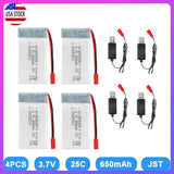 4Pcs 3.7V 650mAh 25C Lipo Battery JST plug + USB Charger for Mini Orion Drone