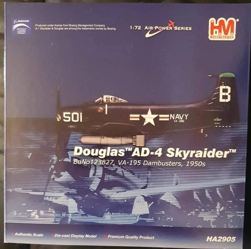 Douglas AD-4 Skyraider die-cast display model box, VA-195 Dambusters, Navy markings