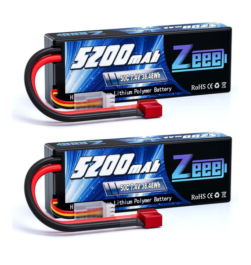 Zeee 7.4V 2S 5200mAh 50C LiPo Hard Case Battery w/ T Plug for 1/8 1/10 RC Cars