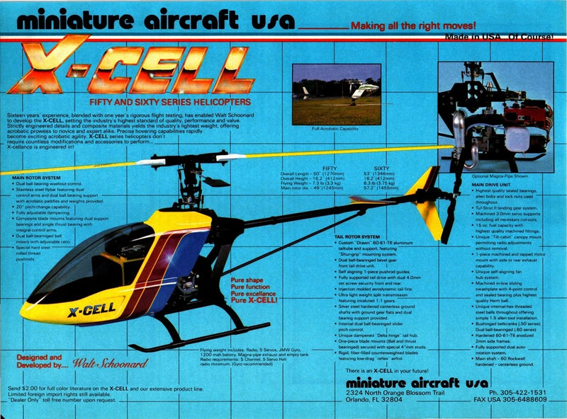 RC helicopter wall art print with yellow, red, and black X-Cell helicopter illustration