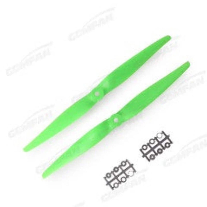 Green ABS two-blade propeller set with mounting holes for multi-rotor use