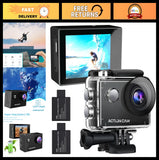 Waterproof action camera with front lens, blue screen, and handle mount