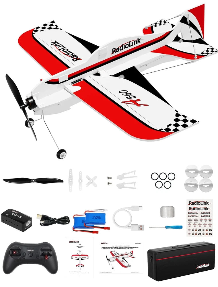 RadioLink A560 4K drone kit with remote, propellers, and mounting parts