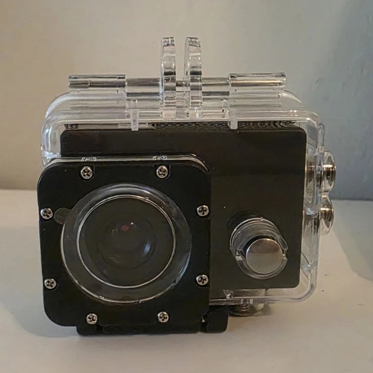 Black waterproof action camera case with clear housing, lens front, side mount knob