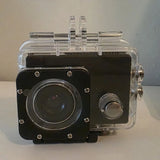 Black waterproof action camera case with clear housing, lens front, side mount knob