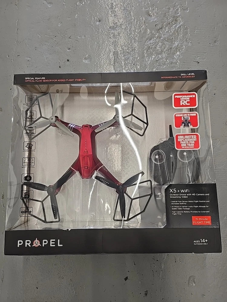 Propel outdoor drone with WiFi HD camera shown on retail package, white and black