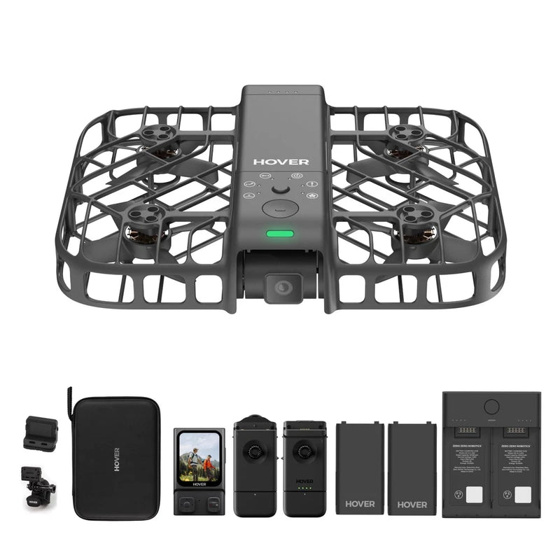 Black drone with camera, carrying case, spare batteries, and charger board