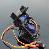 Pan-tilt camera gimbal mount with two SG90 9g servos and wiring, black bracket