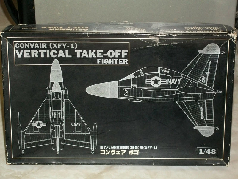 1/48 scale XFY-1 vertical take-off fighter model kit box with side and top views
