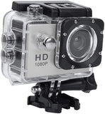 Mini HD 1080P action camera in clear waterproof case with wide-angle lens housing