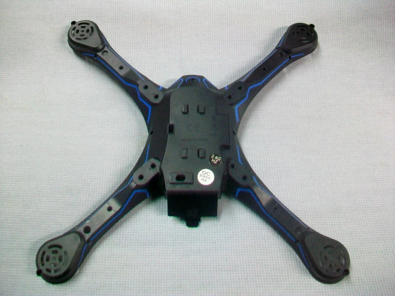 Quadcopter drone bottom plastic frame half, black and blue with four arms