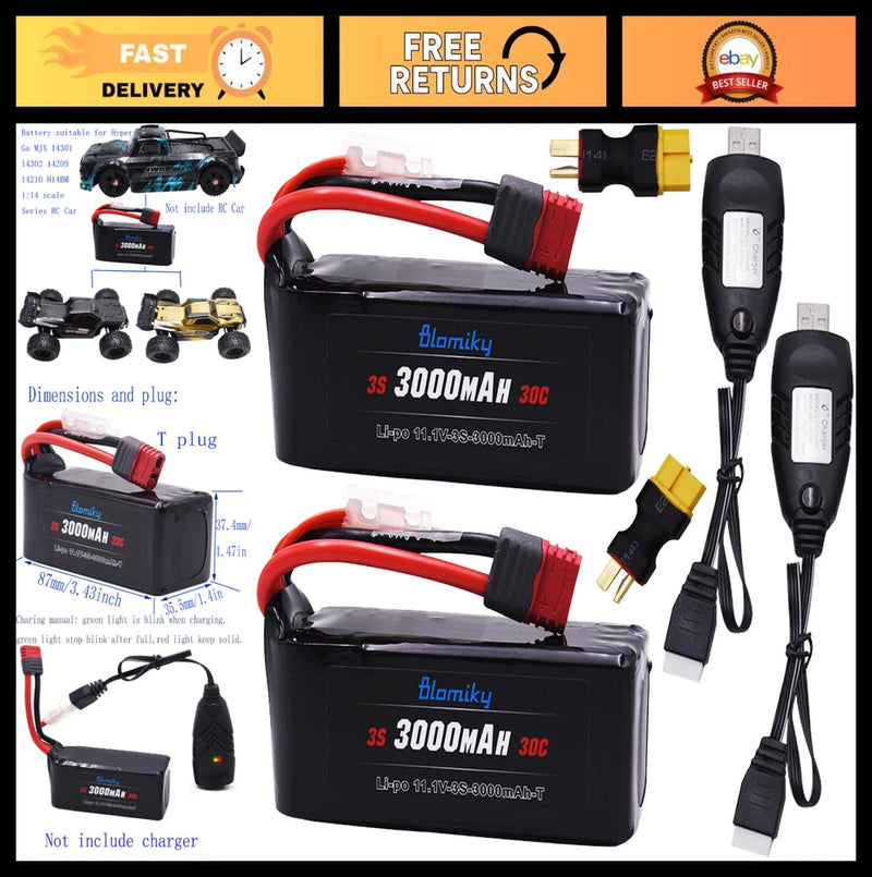 11.1V 3000mAh Li-Po Shorty Battery 30C T Plug + XT60 Converter for RC Cars Battery