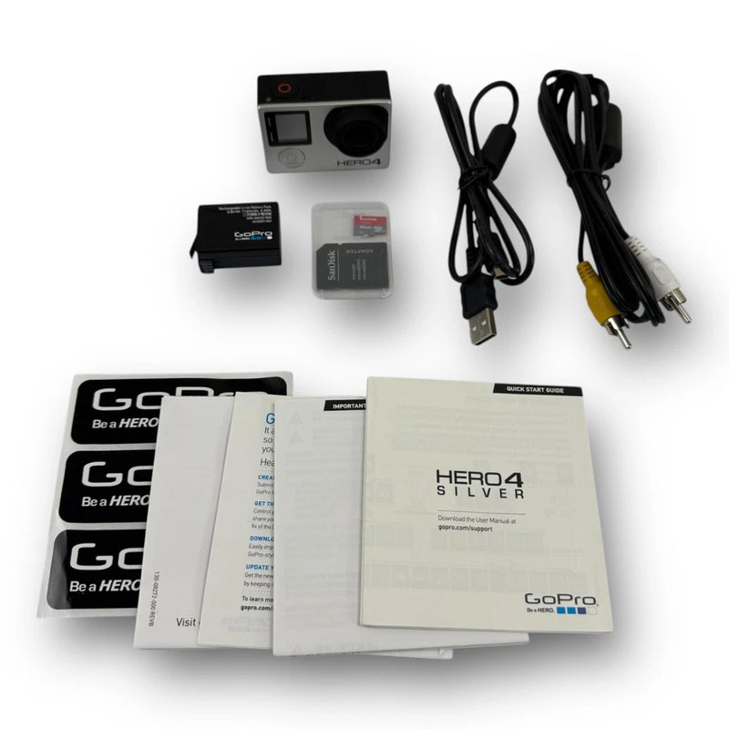 GoPro HERO4 Silver camera accessories lot with USB and power cables, cards, manuals