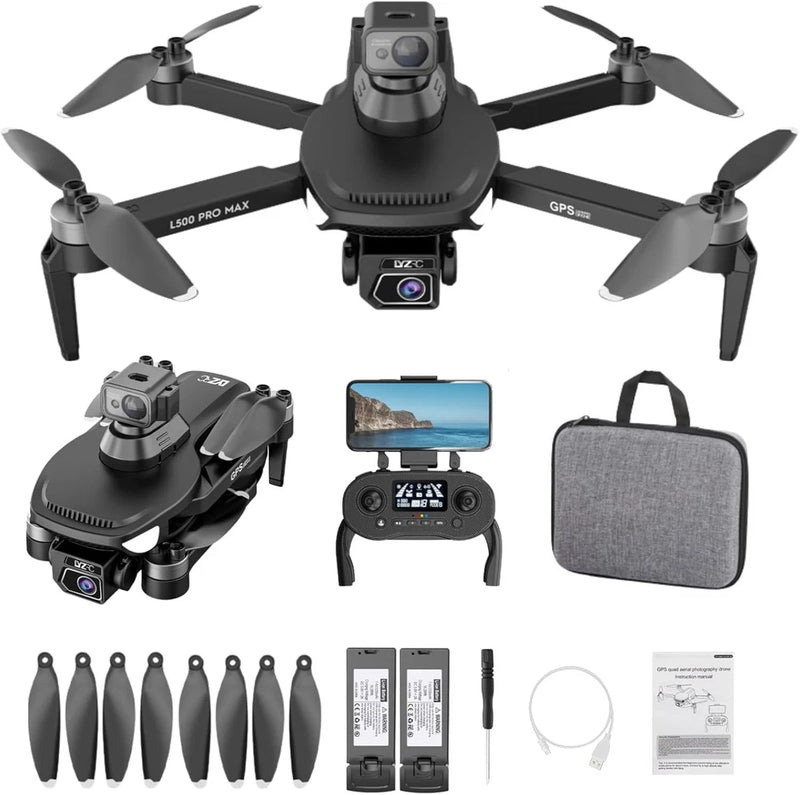 Black GPS drone with remote controller and gray carrying case; prop blades included.