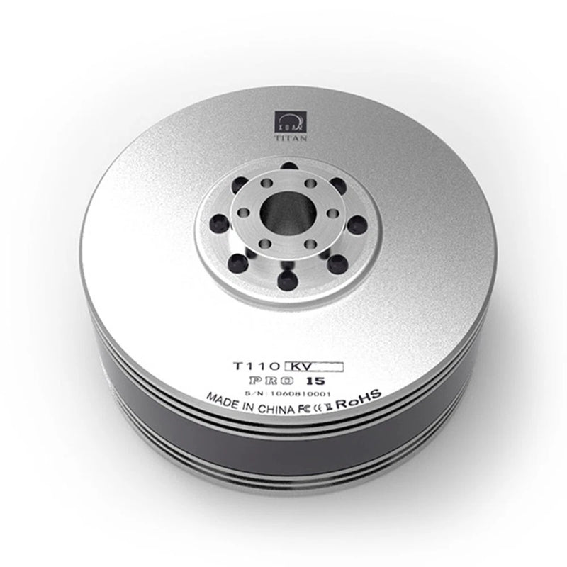 RC brushless electric motor with silver cylindrical housing, label shows T110 KV and 15