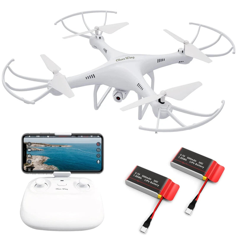 White RC quadcopter drone with 4 propellers, remote controller, and spare battery