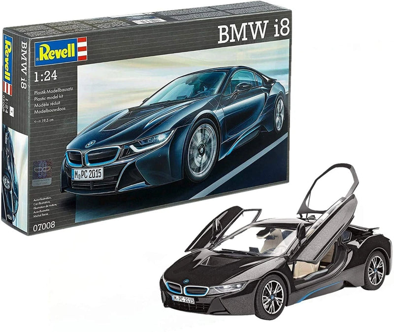 Revell 1/24 BMW i8 plastic model kit with dark blue car and open box