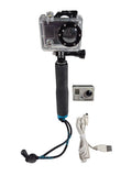 Action camera in clear waterproof case with extended handle and USB cable