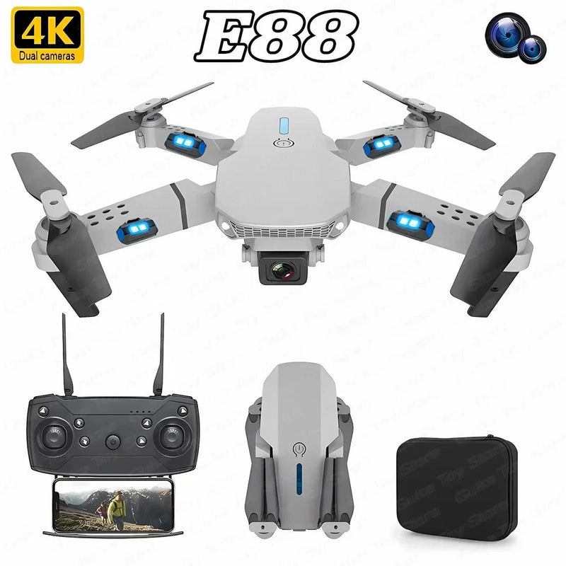 Foldable quadcopter drone with 4K camera, blue LED arms, remote controller and case