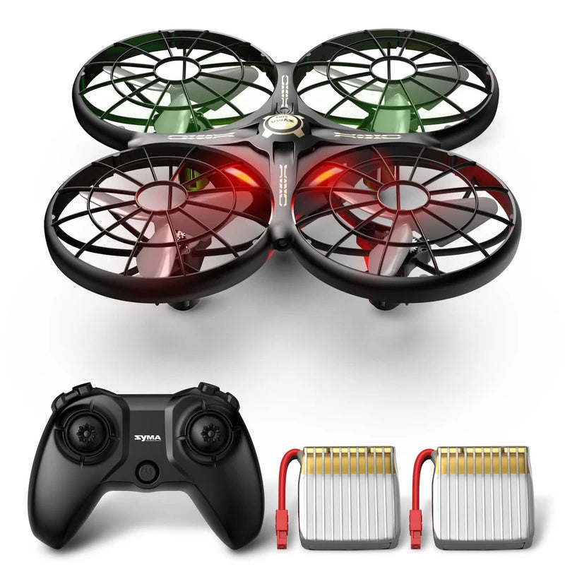 Black quadcopter drone with four rotors, black controller, and two batteries set