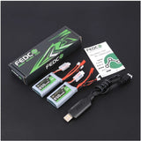 2S LiPo battery pack with cables and USB adapter for RC cars; green-and-black design