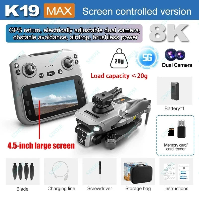 GPS drone with controller, showing 4.5-inch screen and dual camera