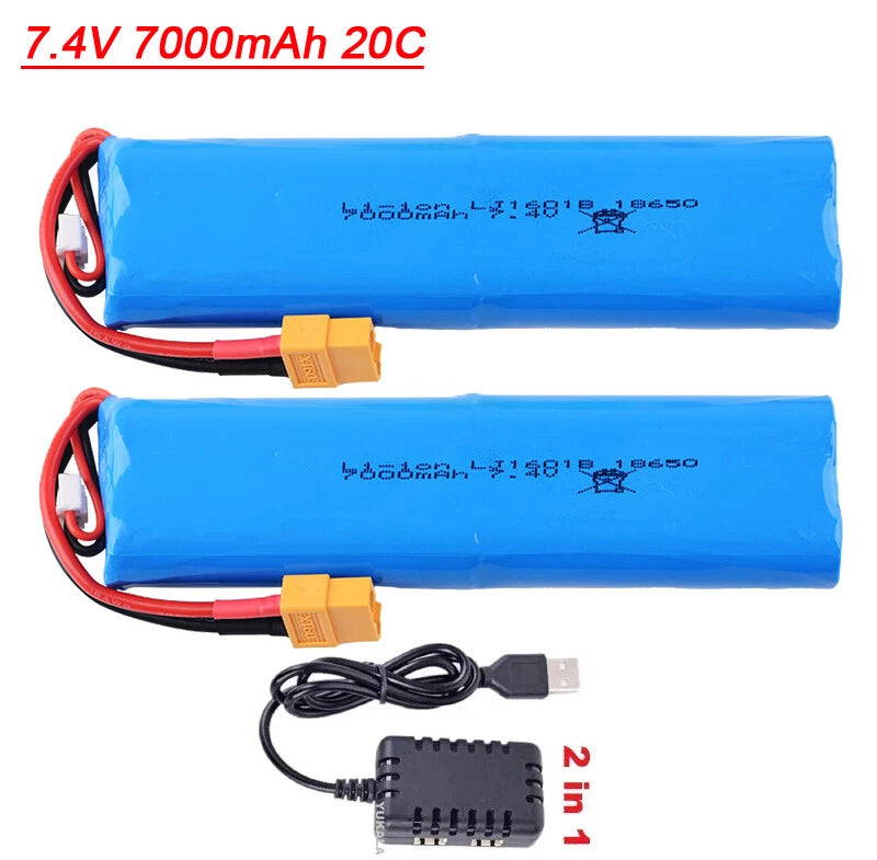 7.4V 7000mAh Li-po Battery with 2 in 1 cable for Henglong 3818 3839 3889 1/16 RC