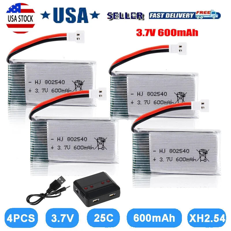 4 Packs 3.7V 600mAh 25C Lipo Rechargeable Battery XH2.54 for RC Quadcopter Drone