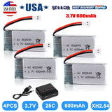 4 Packs 3.7V 600mAh 25C Lipo Rechargeable Battery XH2.54 for RC Quadcopter Drone