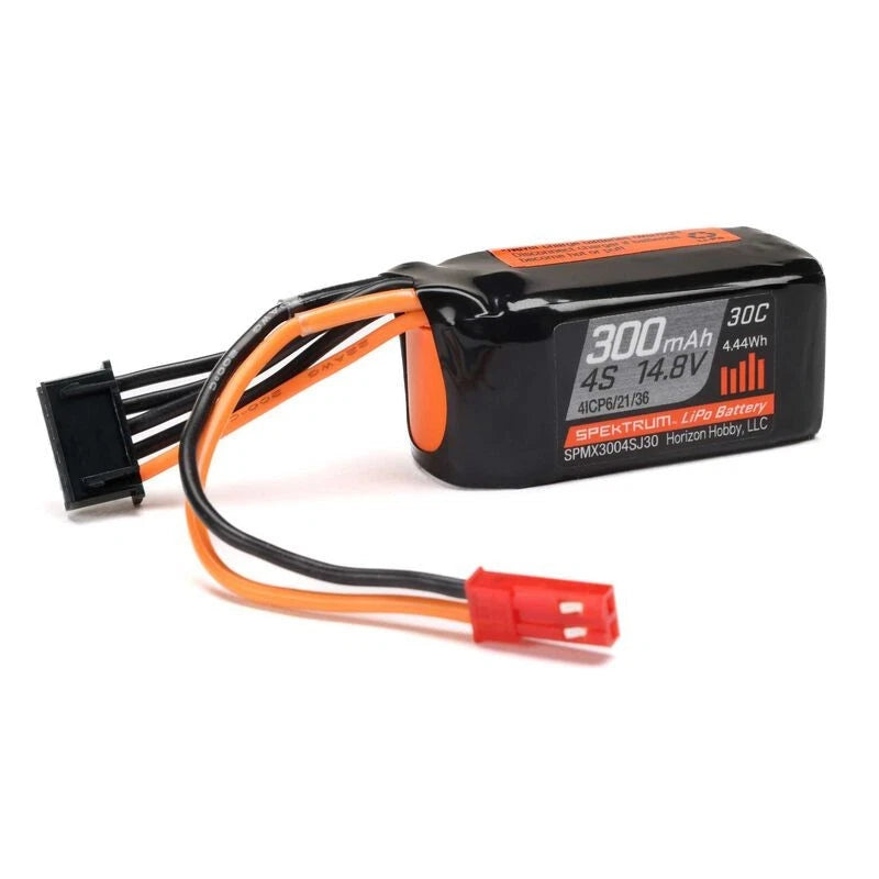 LiPo battery pack with orange wires, black casing, 14.8V 300mAh 30C label