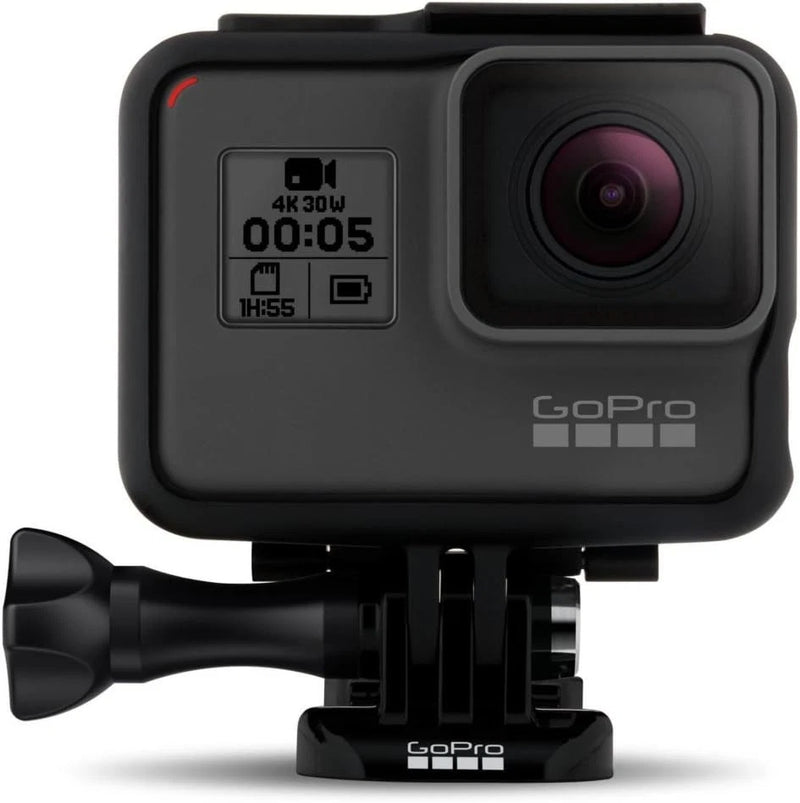 Black GoPro HERO5 action camera with front lens and screen, wearable mount