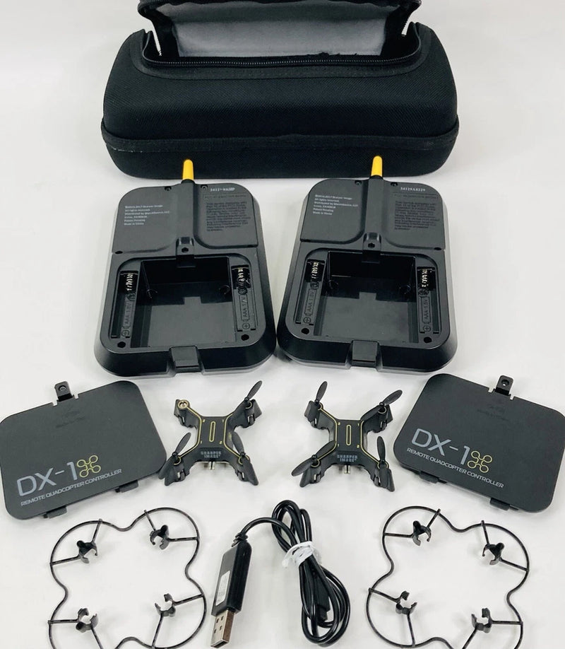 Micro drone set with two controllers, two cases, and USB charging cable
