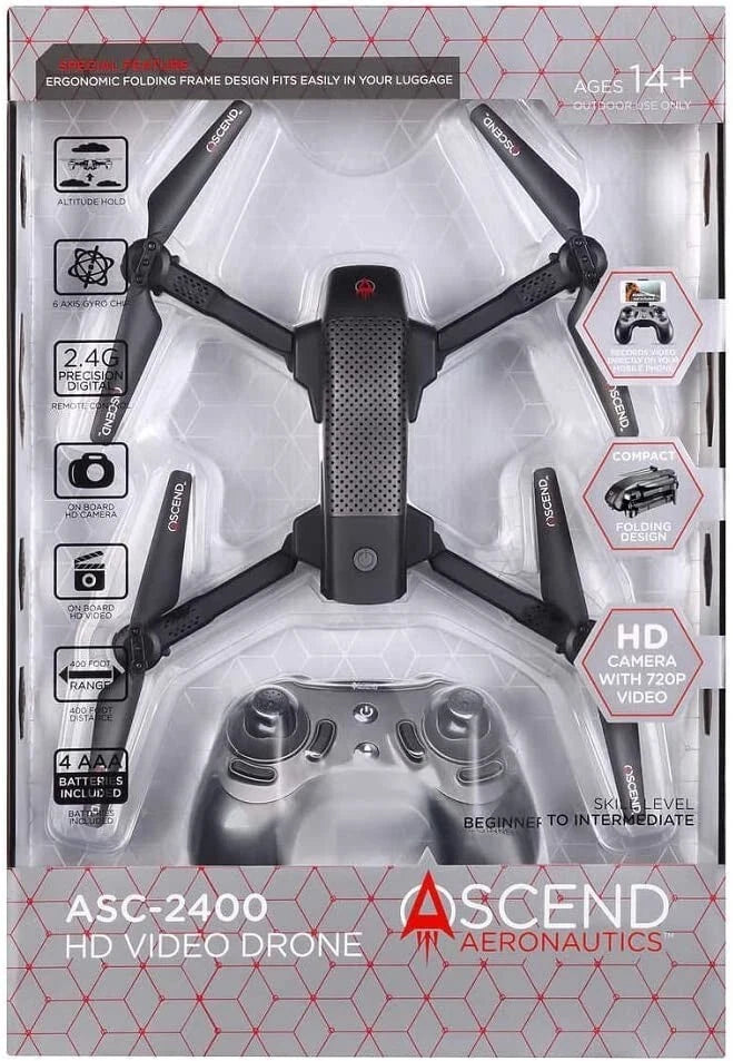 Ascend Aeronautics ASC-2400 HD Video Drone Black Compact Folding Frame 720P HD