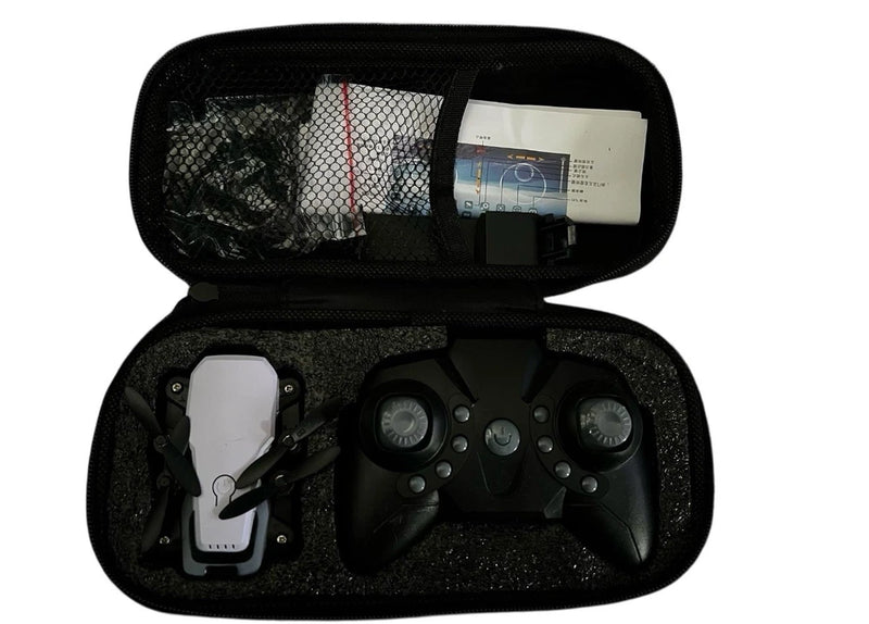Mini drone set in black carrying case with remote and phone holder