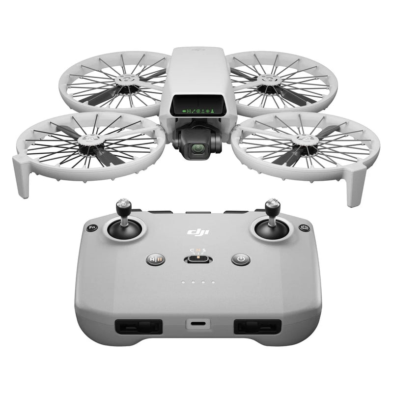 DJI foldable drone with front camera and four propellers, light gray body
