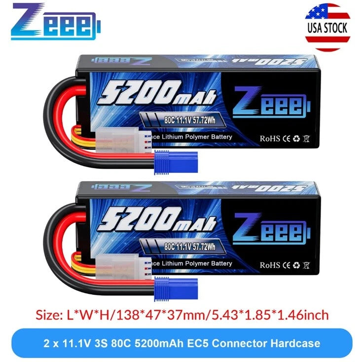 2x Zeee 11.1V 3S LiPo Battery 80C 5200mAh EC5 for RC Car Helicopter Truck Buggy Battery