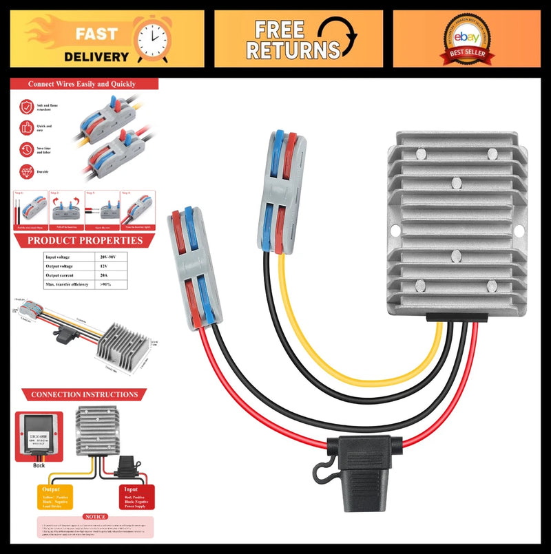 240W DC-DC Buck Converter 20V-90V to 12V 20A Waterproof Power Supply for Truck R