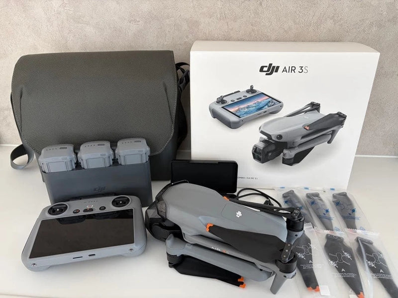 DJI Air 3S Fly More Combo with drone, controller, three batteries, and carrying case