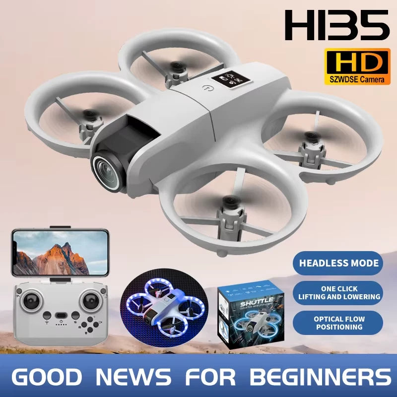 Mini foldable quadcopter drone with front camera and four rotors, grey