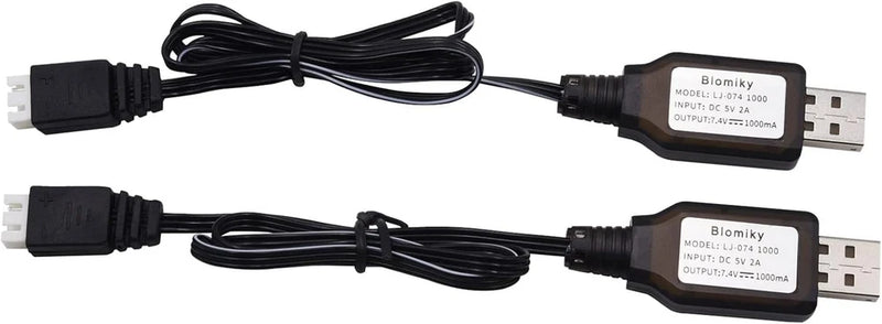 Two black USB-A charger cables with inline controller units and compact black connectors