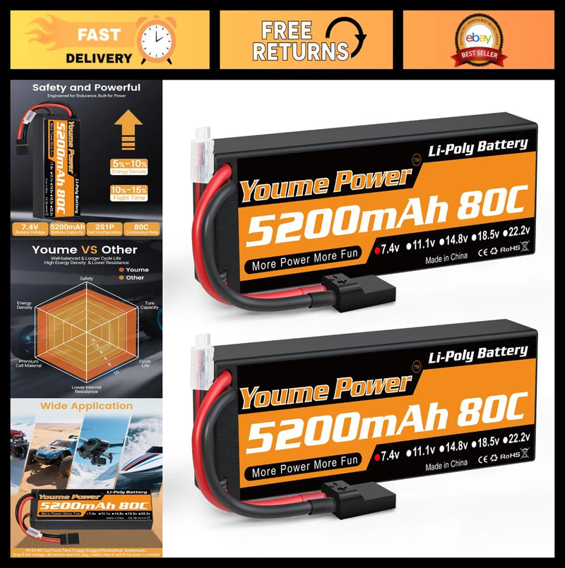 2S Lipo Battery 7.4V 5200mAh 80C Hard Case - RC Car, Truck, Boat, Drone - 2pcs Battery