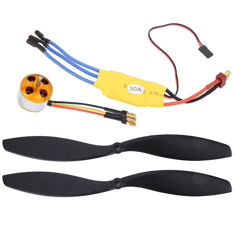 Brushless motor with ESC module and two black propellers, including wired power connectors.