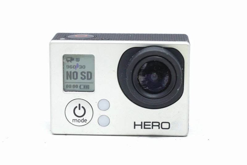 GoPro HERO3 action camera, white body with front lens and LCD screen showing No SD