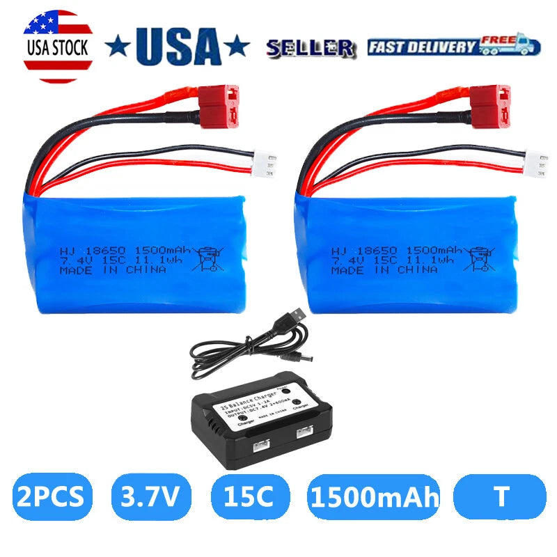 2pcs 7.4V 1500Mah Li-ion Battery T plug/USB Charger for WLtoys 12428 2.4G RC Car