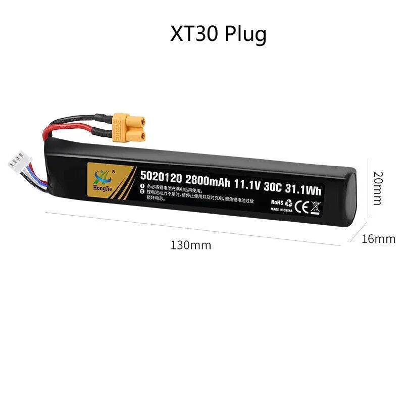 11.1V 2800mAh 30C LiPo rechargeable battery with XT30 connector, 130mm long