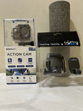 GoPro action camera kit in clear box with head strap and quick clip, black camera