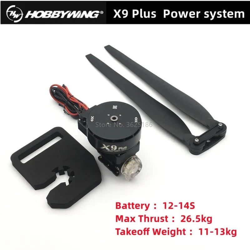 Hobbywing X9 Plus power system with mounting bracket, prop guards, and wiring leads